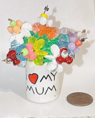 OOAK Mini Beaded Flower Bouquet In Ceramic Jar  I LOVE MY MUM  Mothers Day Gift 