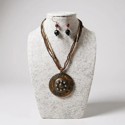 Multi Brown Natural Colors Round Pendant Three Strand Glass Seed Bead Set