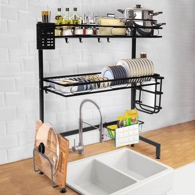 2-tiers Adjustable Large 24.4'' Dish Drying Rack Large Drainage Over-the-sink