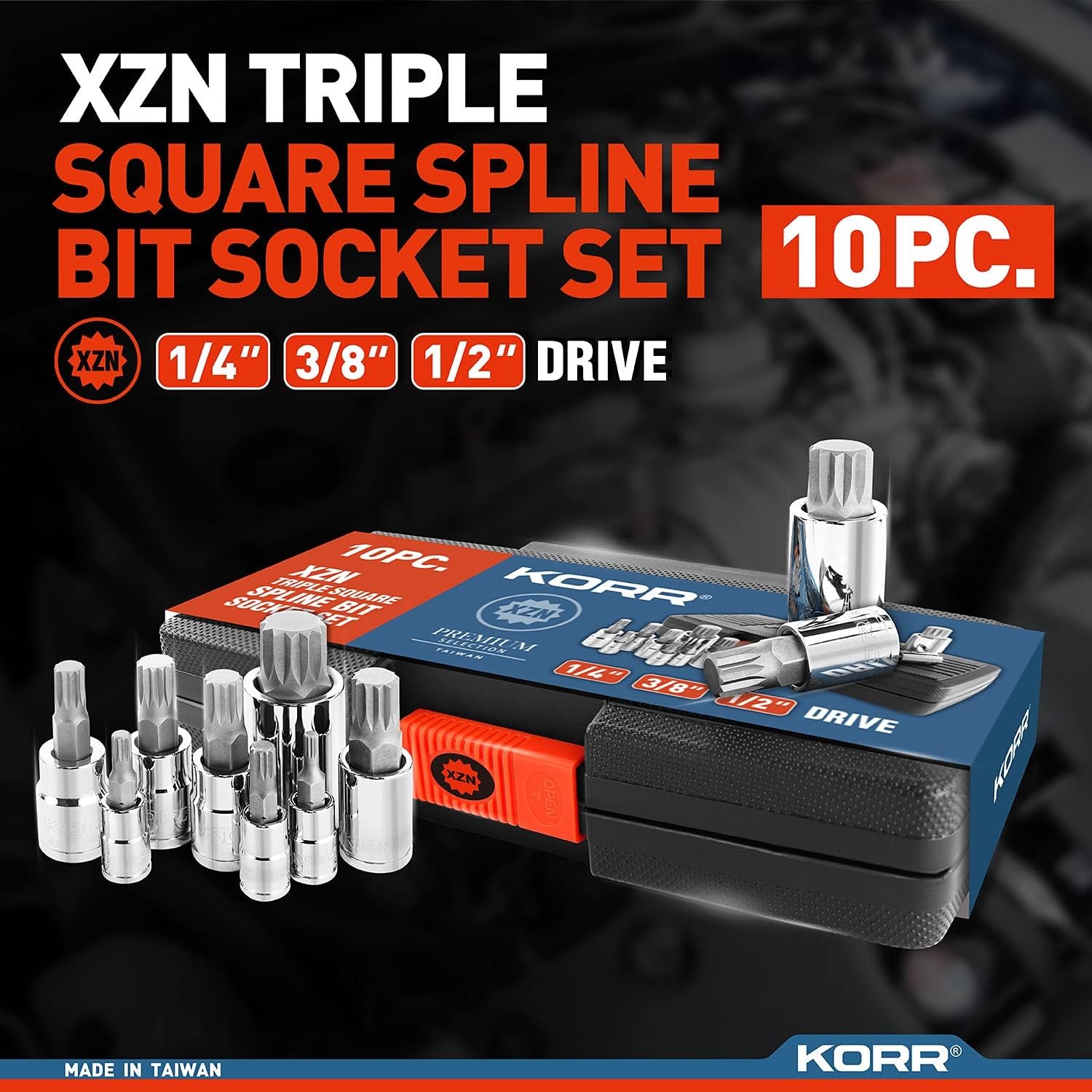KORR Tools KSS009 10pc XZN Triple Square Spline Bit Socket Set One Size 