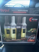 PARINI 4PC AUTO-POUR SAUCE  DISPENSERS WITH ACACIA WOOD TRAY New In Box Unopened