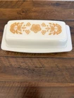 Vintage Pyrex Golden Butterfly Flower Daisy White Milk Glass Butter Dish