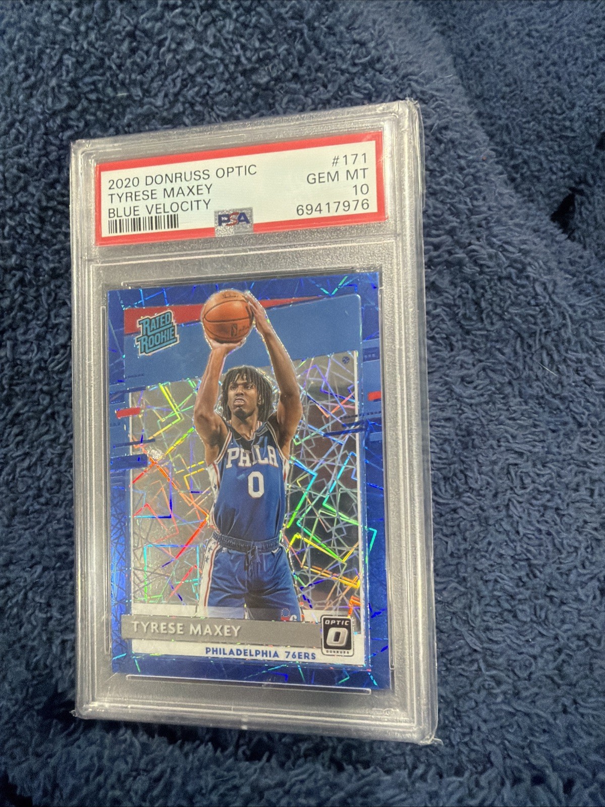 2020 Donruss Optic Tyrese Maxey BLUE VELOCITY PRIZM #171 Rookie PSA 10 RC