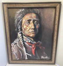 Vintage Original Painting Native American Indian Crow Warrior Framed Portrait