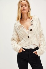 FREE PEOPLE Bonfire Cardigan Women's Size Medium Ivory Cable Knit Shunky Sweater