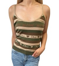 Christian Dior Vintage Stripe Heart Knit Camisole Top 38 Khaki Brown 902085