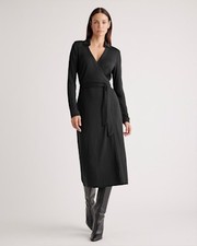 Quince Women 100% Silk Jersey Midi Wrap Dress Black Basic Sleeved S