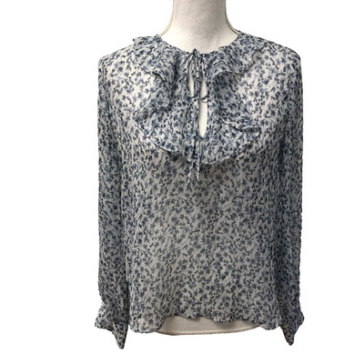 Five Seventy Five Chiffon Blouse Womens Small Blue Floral Ruffle Neck Sheer