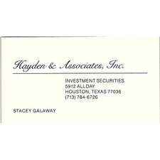 Hayden & Associates Stacey Galaway Investments Houston Business Card SF3-B4