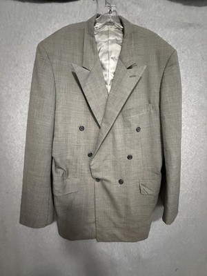 Vintage Tom James Suit Jacket Mens 46L Gray Check Double Breasted Long Big Tall