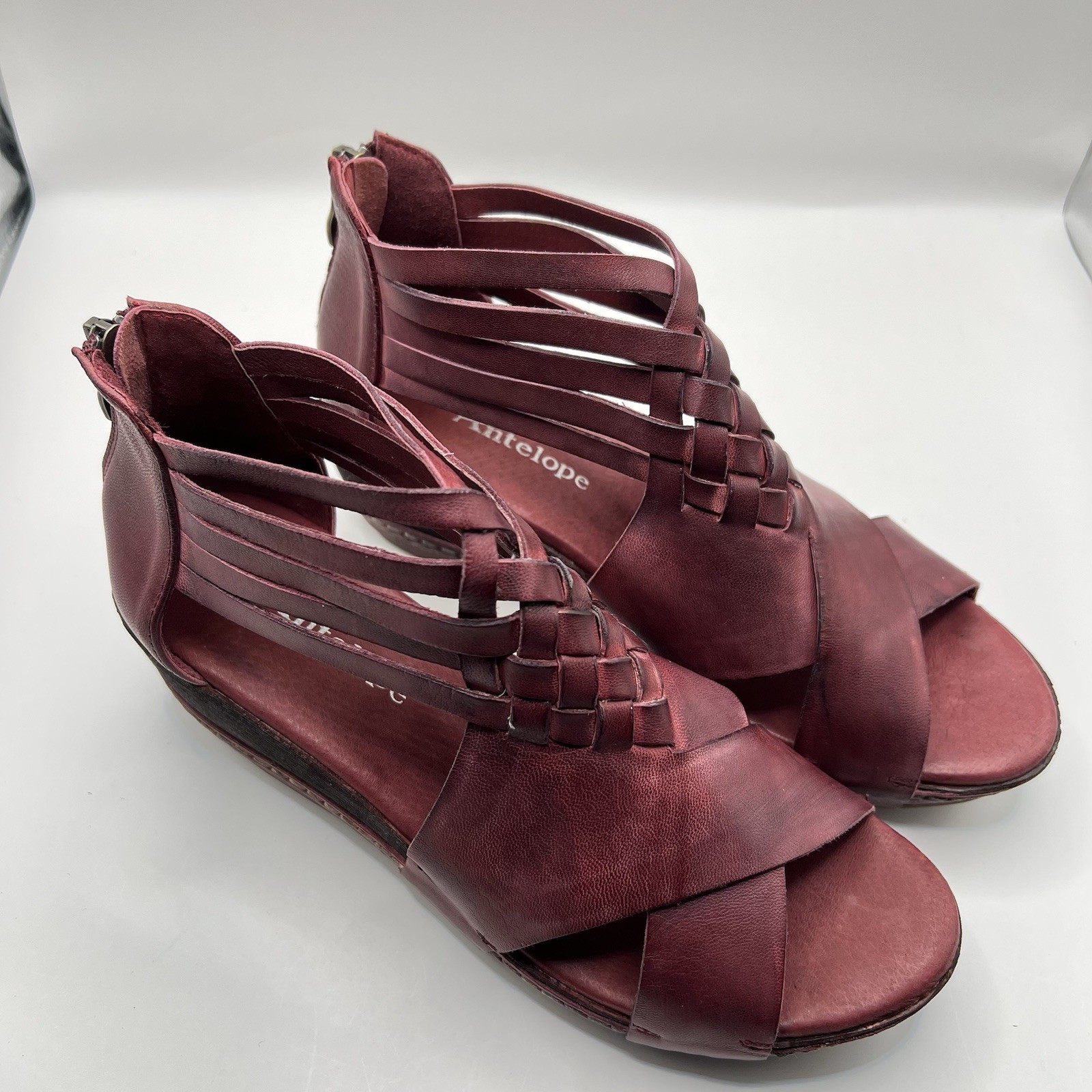 Antelope Tavi Leather Wedge Sandal Size 39 EU/8-8.5 US Bordeaux Strappy Boho