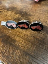 Vtg Hook Fast Providence RI Cuff Links And Tie Clip With Steam Car / Tractor