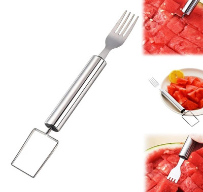 Dual Head Stainless Steel Fruit Cutter & Fork,2-in-1 Watermelon Slicer Tool