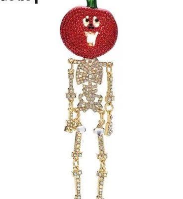 Mr Pumpkin Head Skeleton Pin Brooch Gold Rhinestones Halloween Jewelry NEW