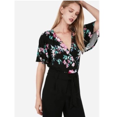 Express Floral Surplice Flutter Sleeve Bodysuit NWT