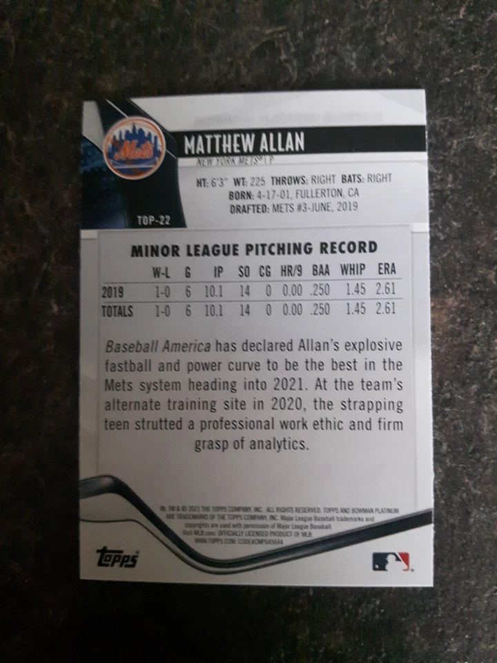 2021 Bowman Platinum Rookie Matthew Allan RC Card# TOP-22 - Image 2 of 2