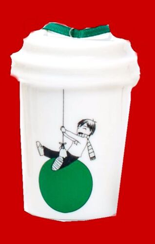 Starbucks Christmas Ornament 2015 Ceramic Cup Boy Swinging on Green Ball Balloon - Picture 1 of 1