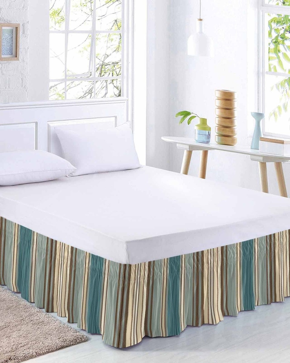 Teal Blue Green Striped Boho Bed Skirt Queen Size 18 Inch Drop,Adjustable 