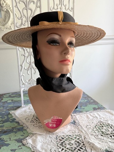 NWT Vintage Wide Brim Straw Hat w/ Bow By Penneys 20” Elegant - Picture 2 of 17