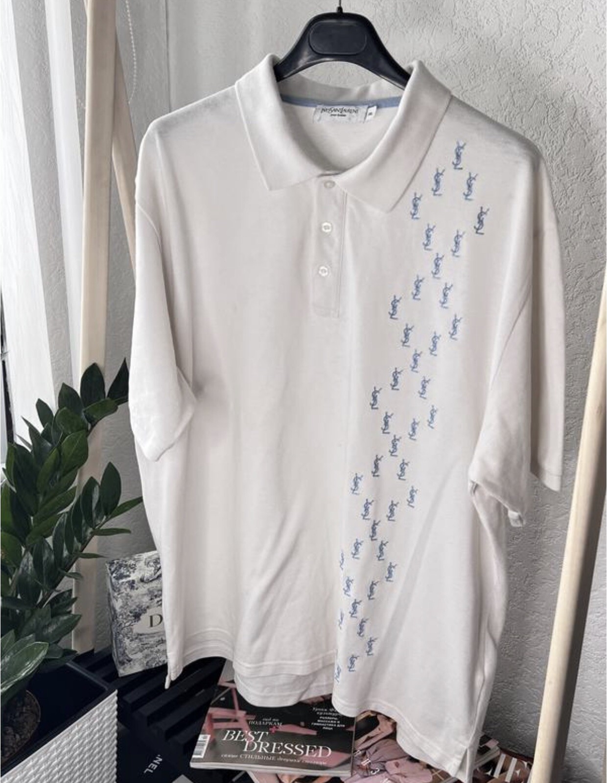 Polo Vintage Yves Saint Laurent Monogram Logo YSL Uomo Taglia XL Bianca