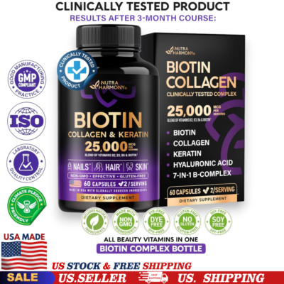Biotin Collagen Keratin Hyaluronic Acid Hair Skin Nails Complex 25000mcg US Made