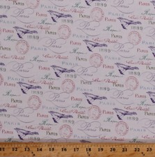 Paris French Words Script Birds Stamps White Cotton Fabric Print by Yard D481.23