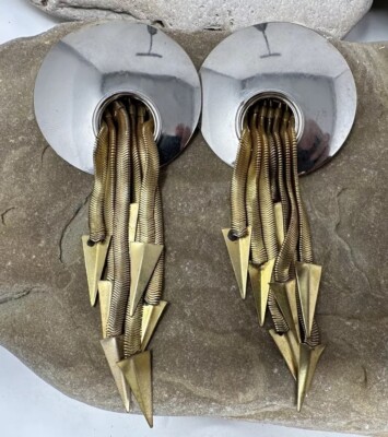 Vintage Signed Premier Etage PARIS Long Mid Century Modern 4.5'' Clip on Earrings