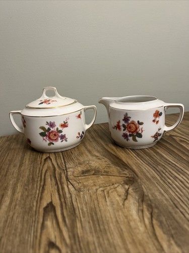 Vintage Edelstein Bavaria Floral Sugar Bowl and Creamer Dish Mixed flowers/Gold