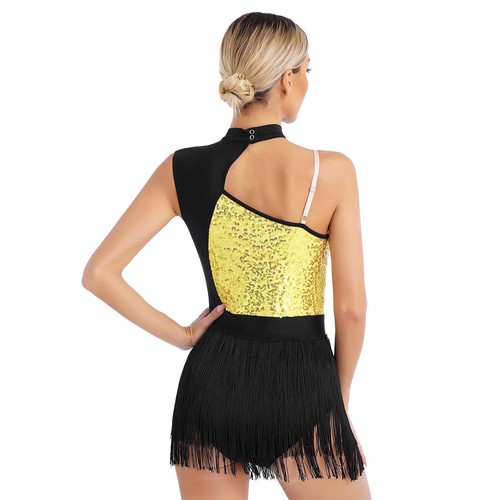 Women Latin Dance Dress Sparkly Sequins Tassel Bodysuit Skating Dancewear - Picture 10 of 55