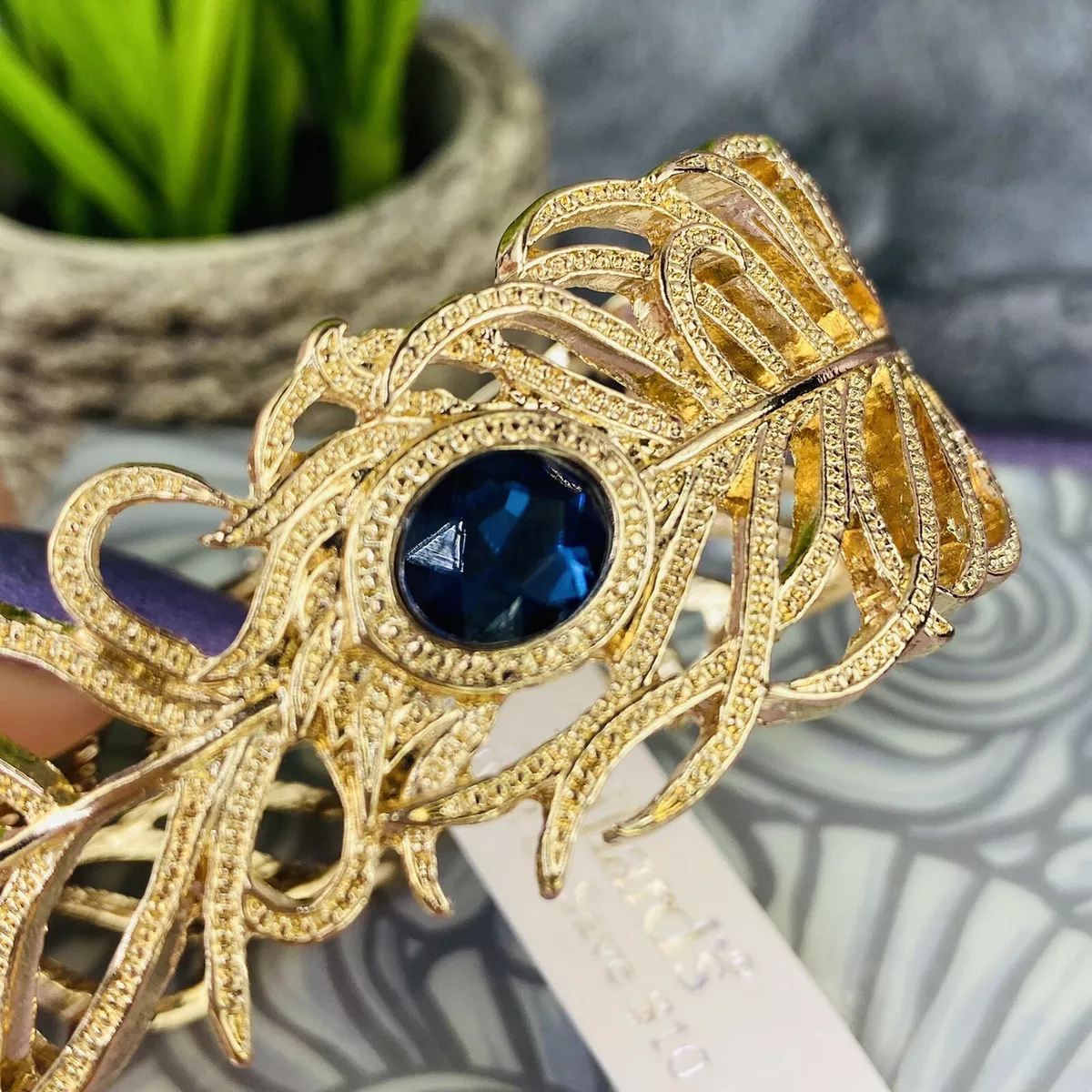 Dillards Bracelet Cuff Gold Tone Blue Stone Feather New eBay