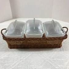 3 Vtg Glasbake Baking Dishes Milk Glass W/Lid J-805-10-1 1/2 QT w/ basket