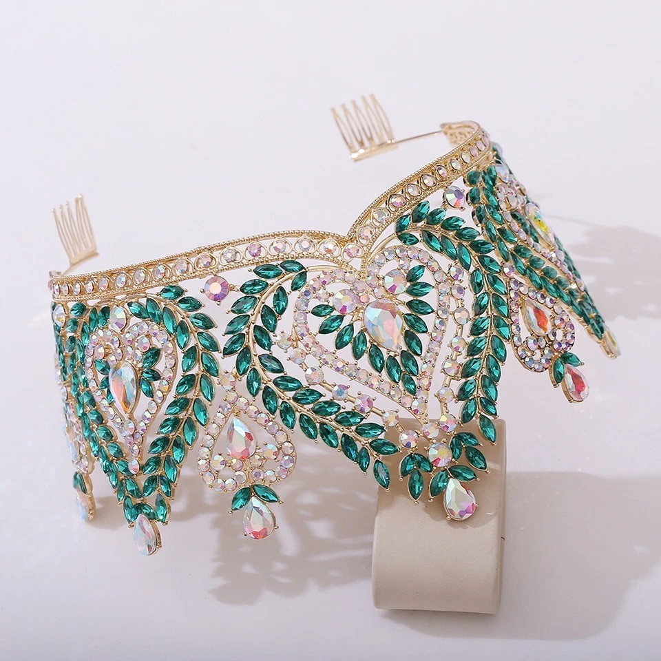 Reina de Picas, Corona de Cristal Verde, Corona de Peine de Oro, Corona de Desfile, Talla XL Foto 3 de 4