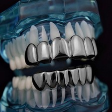 Black Grillz Set Top 6 Bottom Six Teeth Slugs Gunmetal Hip Hop Tooth Grills