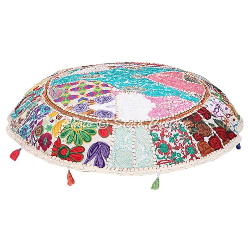 Floor Pillow Pouf Cover Large White 32 in Round Vintage Patchwork Floor Cushions - Picture 2 of 6