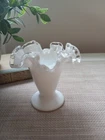 Vintage Small Fenton Milk Glass Ruffled Edge Silver Crest Vase 4"tall