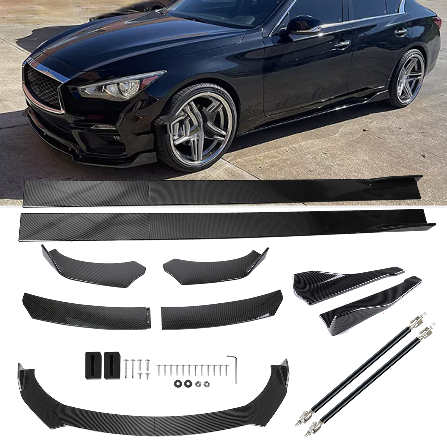 Front Lip Chin Bumper Side Skirt For Infiniti Q50 18-21 Carbon Fiber Bod Kit