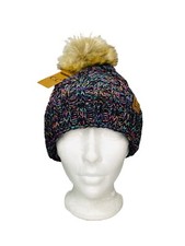 C.C. Black Multi Chunky Knit Faux Fur Pom Beanie Hat Cap Fuzzy Lined - NWT