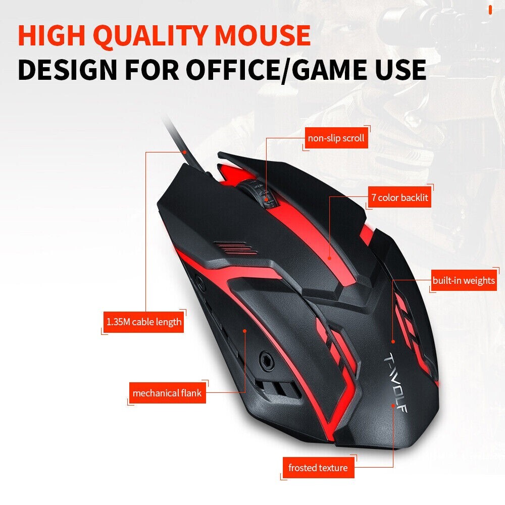 T-WOLF V1 Wired Gaming Mouse 3 Button 7 Colorful Backlight