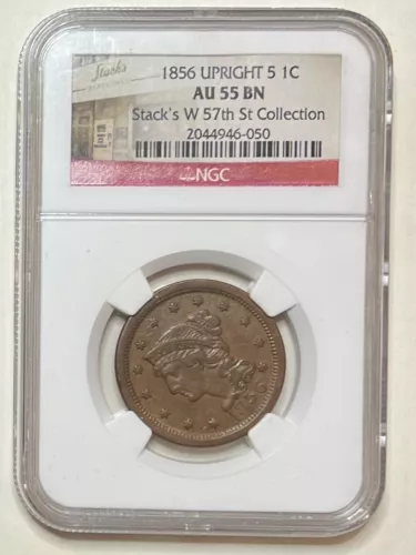 1856 Braided Hair Large Coronet Cent Upright 5 NGC AU 55 BN Stack's Collection