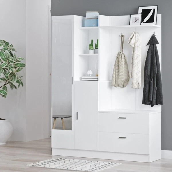 Mobile Ingresso Scarpiera Appendiabiti Specchio 140x37x182 Bianco Wisdom - Immagine 4 di 4