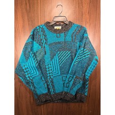 Vintage Le Tigre Geometric Abstract Knit Sweater XL Turquoise Blue Grey USA Made
