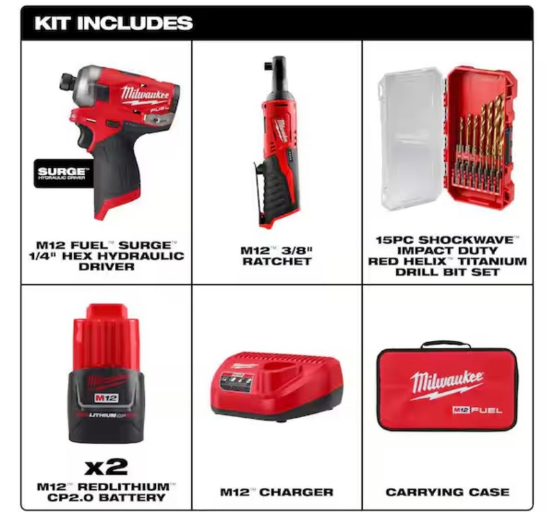Milwaukee M12 FUEL SURGE Impact Driver + 3/8 Ratchet 2551-22 2457-20