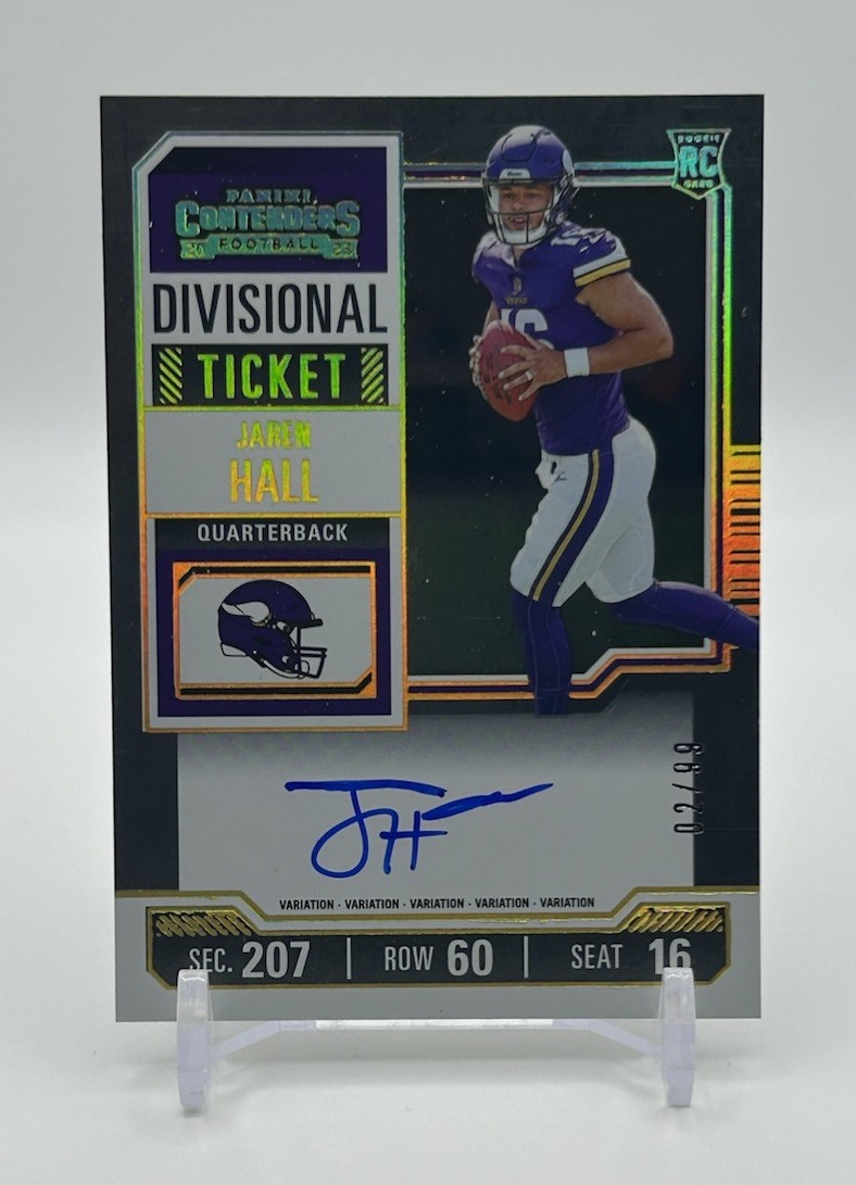 🔥Jaren Hall AUTO NUMBERED(/99) SILVER ROOKIE 2023 Panini Contenders #116 SSP🔥