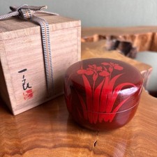 Japanese Wajima Lacquer Iris Makie Large Hira Natsume Tea Caddy Kazuyoshi Sakura