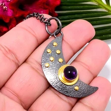 Purple Amethyst Crescent Moon 925 Sterling Silver Chain Pendant 18-22" Sku1