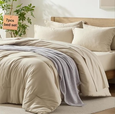  Queen Comforter Set with Sheets, 7 Piece Comforter Set Queen Queen/Full Beige