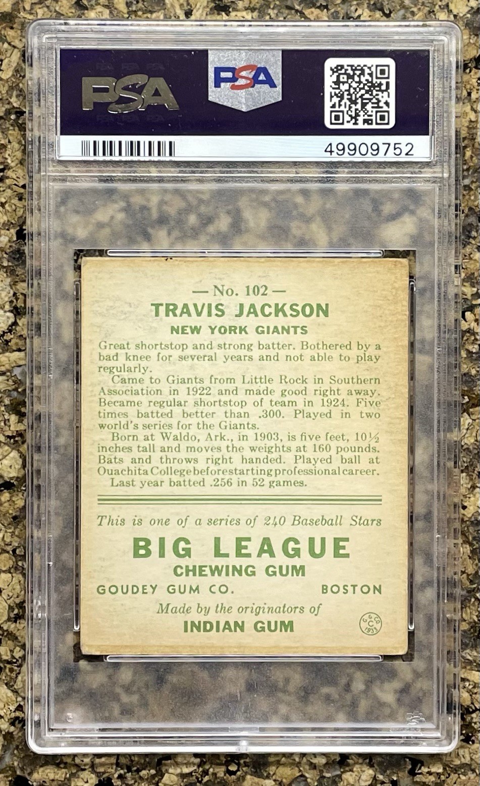 1933 Goudey #102 Travis Jackson, New York Giants, HOF, PSA 3.5 view 2