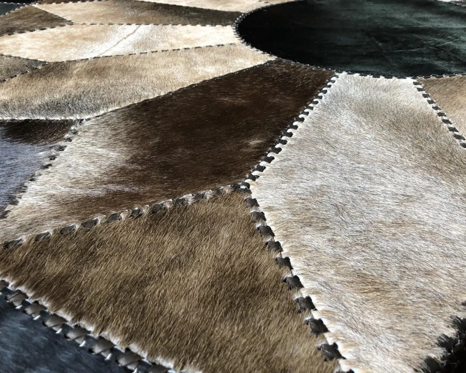 Round Cowhide Patchwork Rug: Black, Brown & Beige Hair-On-Hide, Rustic Decor Rug - Image 3 of 4