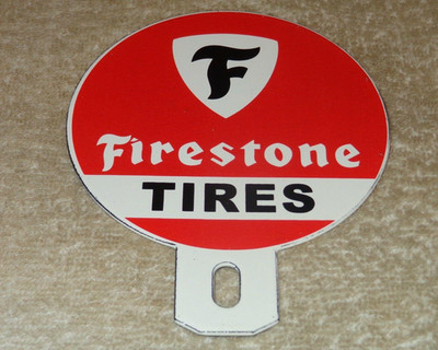 VINTAGE FIRESTONE TIRES 5'' PORCELAIN METAL TIRE GASOLINE OIL LICENSE TOPPER SIGN