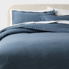 Full/Queen Casual Textured Cotton Duvet Cover and Sham Set Dark Blue -